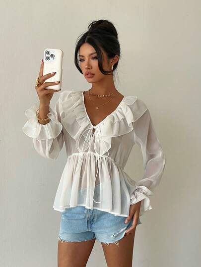Aloruh Women's Elegant Romantic Sexy Fashionable Vacation/Date White Sheer Ruffled Chiffon Blouse, Spring/Summer