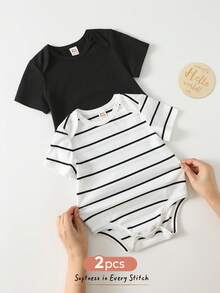 Cozy Pixies 2pcs Baby Boy Striped Pattern Knit Soft Round Neck Long Sleeve Romper Set, Versatile & Comfortable - Multicolor - View 1
