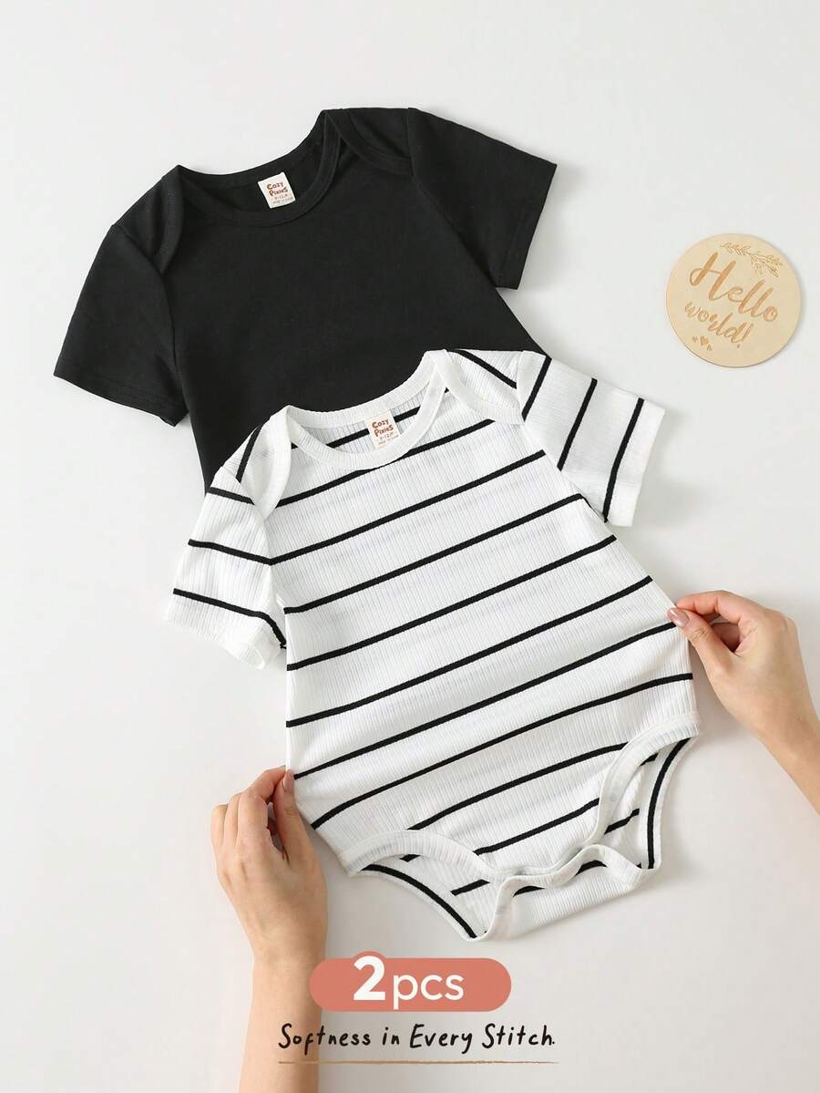 Cozy Pixies 2pcs Baby Boy Striped Pattern Knit Soft Round Neck Long Sleeve Romper Set, Versatile & Comfortable - Multicolor - View 1