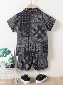 SHEIN 男生 Paisley 印花襯衫&短褲&背心 - 黑與白 - 查看 2