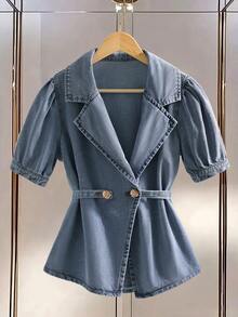 GlowEve 女士翻领短泡泡袖双排扣休闲牛仔外套 - 藍色 - 查看 1