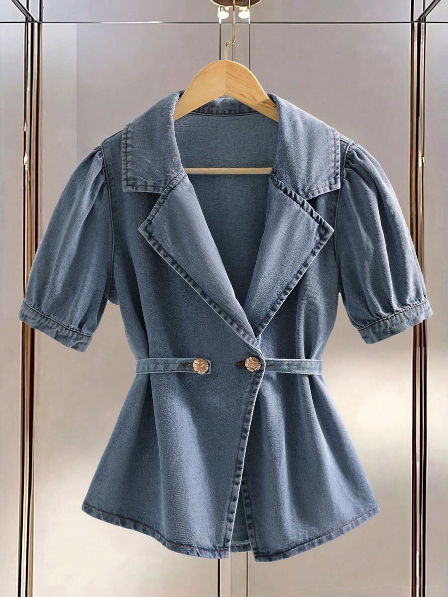 GlowEve 女士翻领短泡泡袖双排扣休闲牛仔外套 - 藍色 - 查看 1