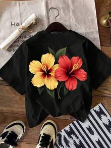 Women's T-Shirt, Casual Street Style Graphic Short Sleeve T-Shirt, Cute Summer Top - Black - View 4