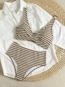 Swim Chiccia Women's New V-Neck Sleeveless Knit Jacquard Fabric Top And High Waist Triangle Bottom Casual Elegant Swimsuit 2-Piece Set, Spring/Summer - Multicolor - View 6