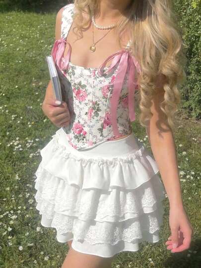 SHEIN MOD 复古花卉格纹交叉系带束身胸衣式背心——完美适用于度假、约会、野餐、派对、舞会、节日和生日；浪漫复古宫廷风格