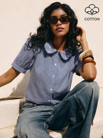 Poéselle Women's Cotton Gingham Peter Pan Collar Blouse – Puff-Sleeve Button-Down Summer Shirt In Vintage Blue Checks Gingham Blouse, Peter Pan Collar Top, Puff Sleeve Shirt, Blue Checkered Shirt, Cottagecore Fashion, Vintage Summer Blouse, Retro Picnic Outfit, Girly Aesthetic Casual Peter Pan Collar Button Front Plaid Short Sleeve Shirt, Summer Outfits Spring Outfit Women  Vacation Outfits