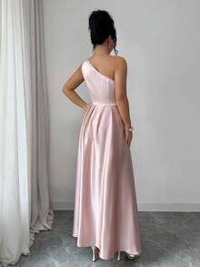 Elenzga Women Elegant Pink Sleeveless Long Dress Asymmetrical Neck With Delicate Gold Embroidery Flared Silhouette Bride Prom Gown - Pink - View 2