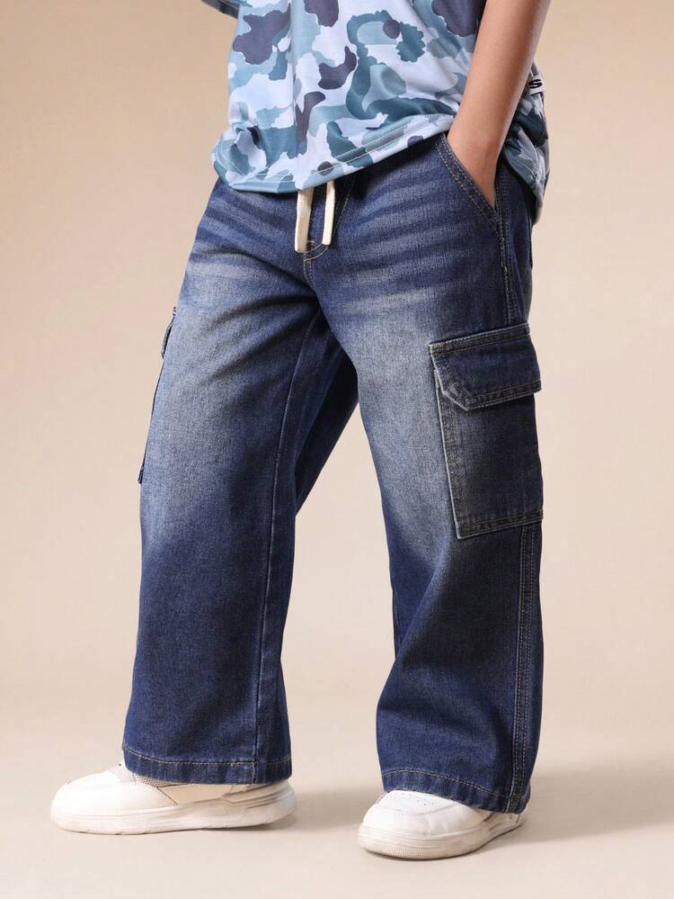 Wide Leg Cargo Denim Jeans With Drawstring