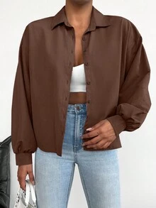EURMUSE Women's Solid Color Front Button Elegant Office Long Sleeve Shirt - Brown - View 4