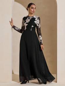 Graceveil 黑色圆领刺绣网纱长袖收腰连衣裙（女款） - 黑色 - 查看 7