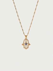 Glisma Eye Detail Hamsa Hand Charm Necklace - Yellow Gold - View 1