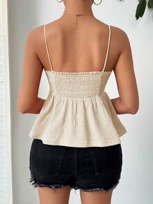 SHEIN Essnce 编织纹理A字型纯色荷叶边吊带背心，春夏款 - 杏色 - 查看 2