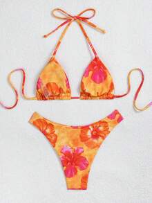 Swim Vcay Damen Lässig Urlaubs Strand Bunt Bedruckter Strukturierter Stoff Bikini Zwei Teile Bademode - Verschiedenfarbig - Übersicht 2