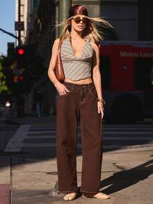 Hauture Women' Knotted Diagonal Stripe Halter Top - Black and White - View 4