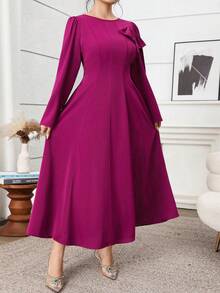 Feyla Plus Size Women's Solid Color Round Neck Long Sleeve Bow Decor Elegant Dress - Burgundy - View 9