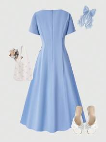 SHEIN Teen Girl Square Neck Regular Shoulder Bow Decor Long Hem Dress, Suitable For Party Or Everyday Wear, Spring/Summer/Autumn - Blue - View 2