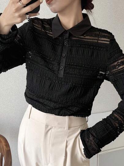 FRIFUL Women's Casual Solid Color Pleated Front Button Long Sleeve Blouse, Autumn