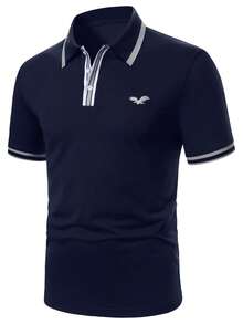 Manfinity Mode Men's Eagle Print Striped Short Sleeve Casual Commuter Polo Shirt - Navy Blue - View 1