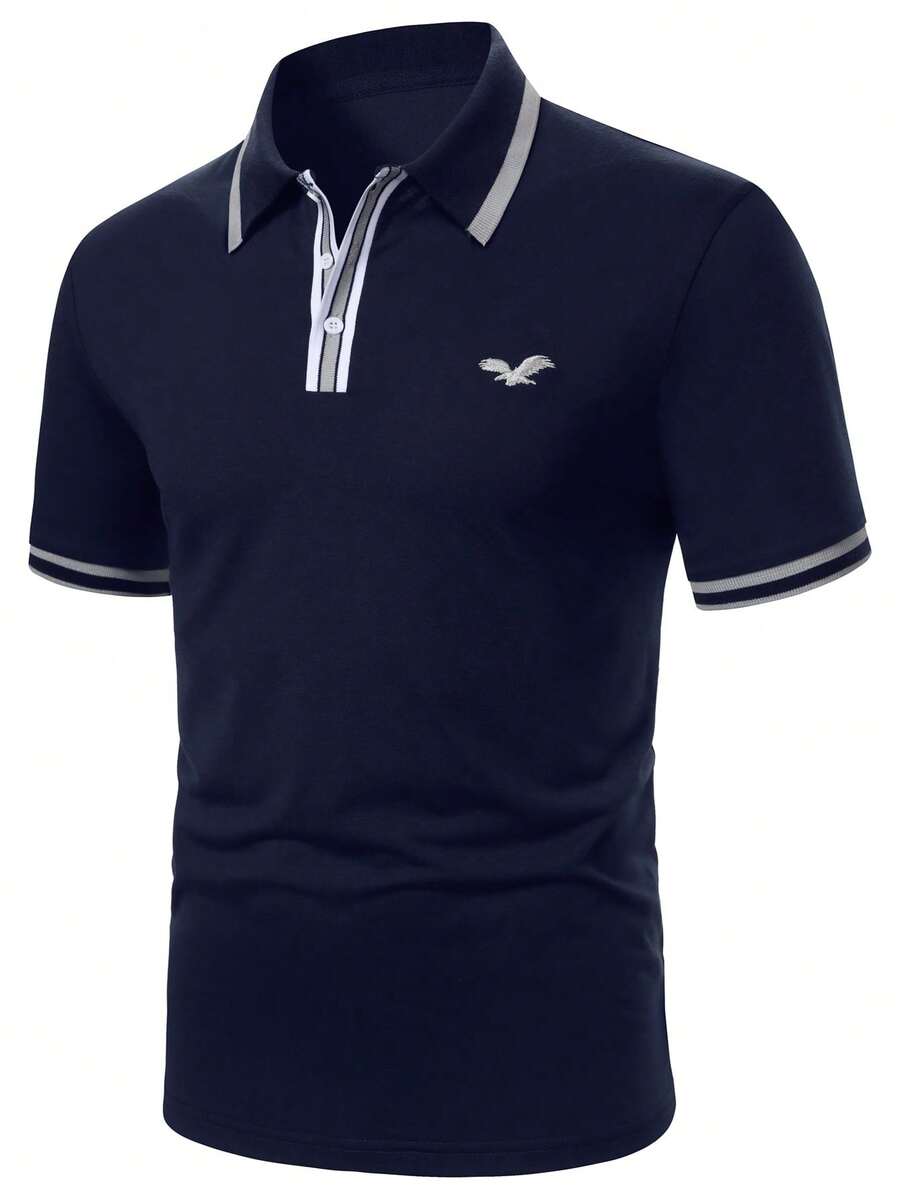 Manfinity Mode Men's Eagle Print Striped Short Sleeve Casual Commuter Polo Shirt - Navy Blue - View 1