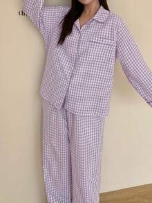 Dazy Plus 2 piezas Conjunto de pijama a cuadros, parte superior holgada con solapa y pantalones largos, traje de ropa de dormir para primavera, verano y otoño - Morado - Ver 1