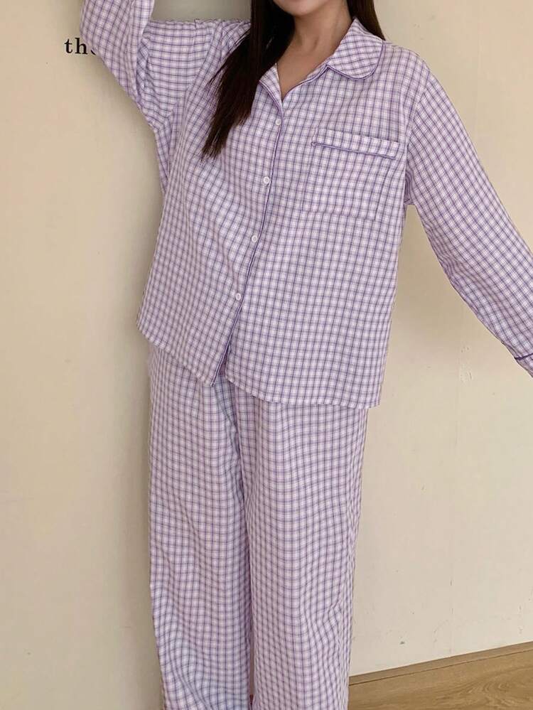 Dazy Plus 2pcs Plaid Pajama Set, Loose Lapel Top And Long Pants, Sleepwear Suit For Spring, Summer And Autumn