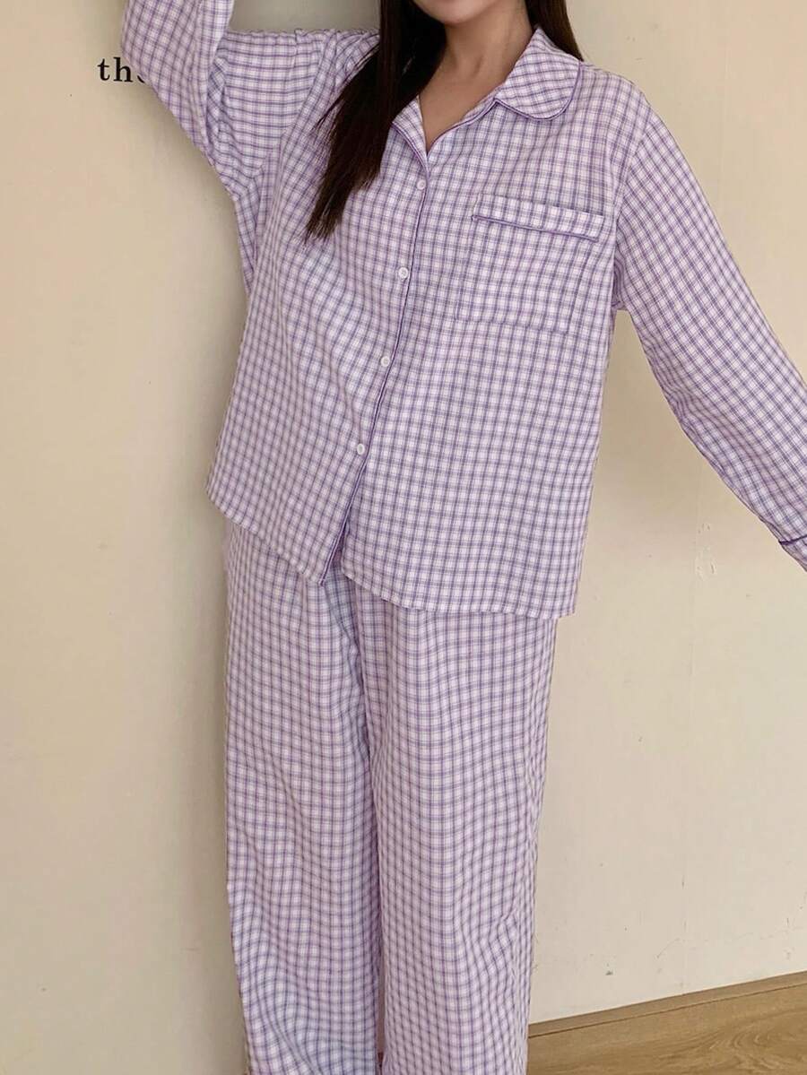 Dazy Plus 2 piezas Conjunto de pijama a cuadros, parte superior holgada con solapa y pantalones largos, traje de ropa de dormir para primavera, verano y otoño - Morado - Ver 1