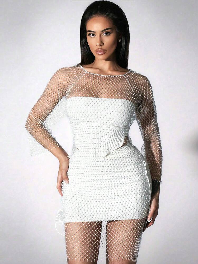 fishnet club dress Zolique Women's Fashionable Rhinestone Dress, All White, Autumn, 70s, Bachelorette Party, Summer Outfit, Summer Tops, Wedding Sexy EVERPRETTY Plus Size Elegant Size:38W X 32L INV-218464 Purple These Pink sweetheart dresses