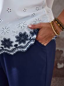 EMERY ROSE 两件套加大码女式短袖圆领衬衫和七分袖上衣，简约时尚，夏季度假/休闲装，夏季七分裤套装，女式衬衫裤套装，蓝白配色女式夏季裤装套装，加大码女式七分裤两件套休闲套装，加大码夏季七分裤两件套，女式休闲装，女式夏季装，女式春季装，女式度假套装，女式裤装和衬衫套装，女式休闲两件套，女式休闲夏季装 - 彩色 - 查看 6