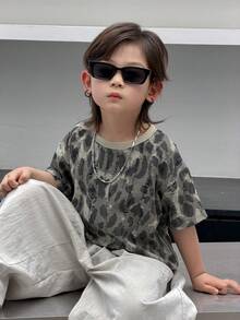 DAZY 男童全印花圆领短袖休闲做旧宽松T恤 - 灰色 - 查看 4