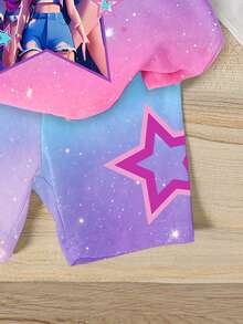 2pcs/Set Baby Girl Casual K-POP Korean Style Cartoon Girl Pentagram Colorblock Tie-Dye Short Sleeve Round Neck T-Shirt And Matching Shorts Set, Suitable For Holiday Casual Wear - Multicolor - View 5