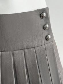 Elamini Váy quần nữ màu trơn xếp ly, thiết kế cài nút bên hông. - Xám - Xem 1