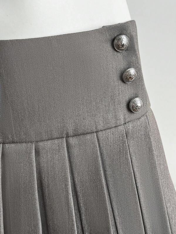 Elamini Women's Solid Color Pleated Side Button Design Skort Gray Pleated High Waisted Gray  Gray Skirt Pleated Skirt High Waisted Skirt