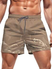 Manfinity Swimmode Men's Wave Print Drawstring Waist Pocket Beach Shorts - Coffee Brown - View 3