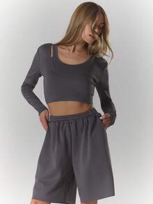 MUSERA 双层长袖露肩上衣，夏季运动休闲风，适合日常穿着，街头风，街头服饰 - 灰色 - 查看 1