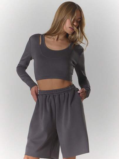 MUSERA 双层长袖露肩上衣，夏季运动休闲风，适合日常穿着，街头风，街头服饰