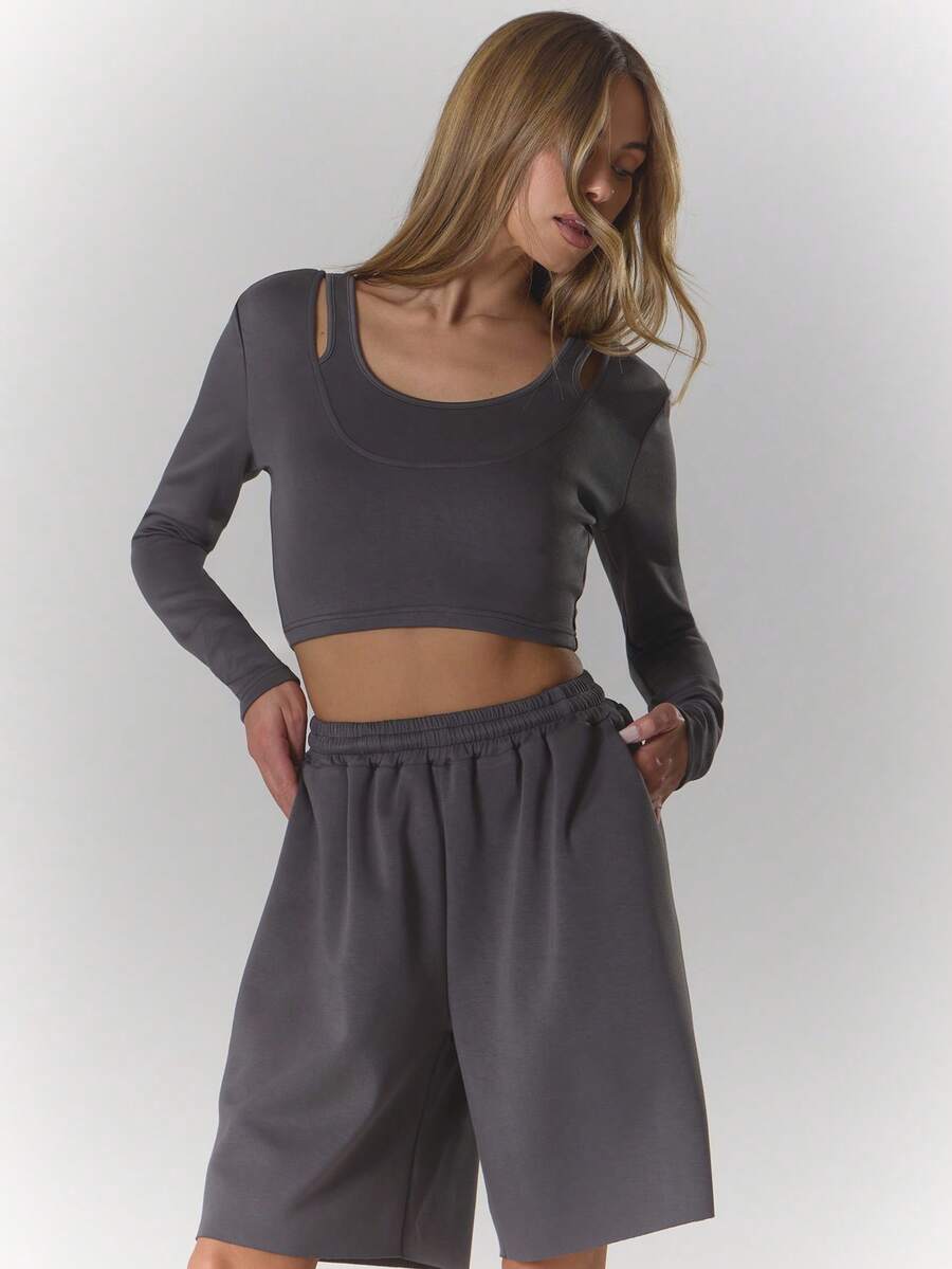 MUSERA 双层长袖露肩上衣，夏季运动休闲风，适合日常穿着，街头风，街头服饰 - 灰色 - 查看 1