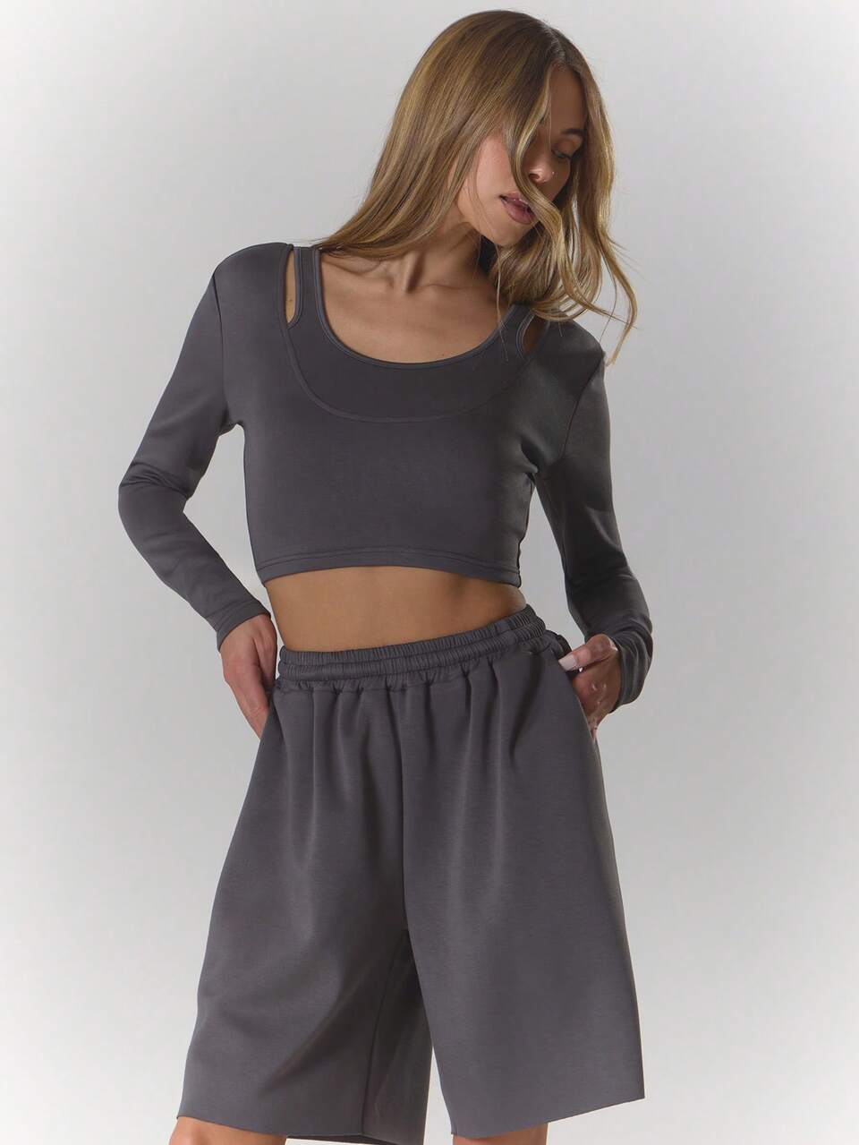 Double Layer Long Sleeve Underbust Top Summer, Sporty, Casual, Day, Streetstyle, Streetwear Spring Holiday