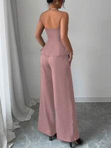 Elenzga 女士优雅两件套：荷叶边抹胸上衣和阔腿裤 - 藕粉色 - 查看 2