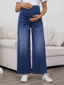 SHEIN Umstandsjeans mit elastischem Bund, verwaschenem Katzenwischer-Effekt und geradem Bein, ideal für Frühling bis Sommer, Valentinstag, Karneval, Pendeln, Urlaub, Abschluss, Chic Y2K, niedliche Streetwear, Party, Hochzeit, elegante Business-Lässig, vielseitige Umstandsjeans mit weitem Bein, blaue Jeans mit elastischem Bund für Schwangerschaftskomfort - Blau - Übersicht 3