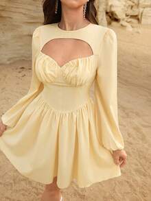 Modelyn Women's Yellow Woven Long Sleeve Waist Cinched A-Line Elegant Dress, Spring/Summer - Yellow - View 1