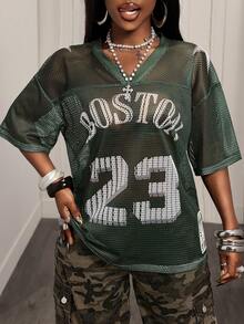 BamGleam 女士网眼T恤，休闲运动宽松短袖上衣，绿色数码印花，春季新品度假波西米亚性感纯色格子条纹休闲款，夏季，夏季上衣，夏季，夏季假期，女士夏季，女士夏季，春季，春季女士，春假，春季，春季，春季春季女士，春季女士，度假女士，女士假期，夏季假期，女士度假，假期，假期，夏季假期，女士海滩度假绿色网眼上衣 - 軍綠色 - 查看 4