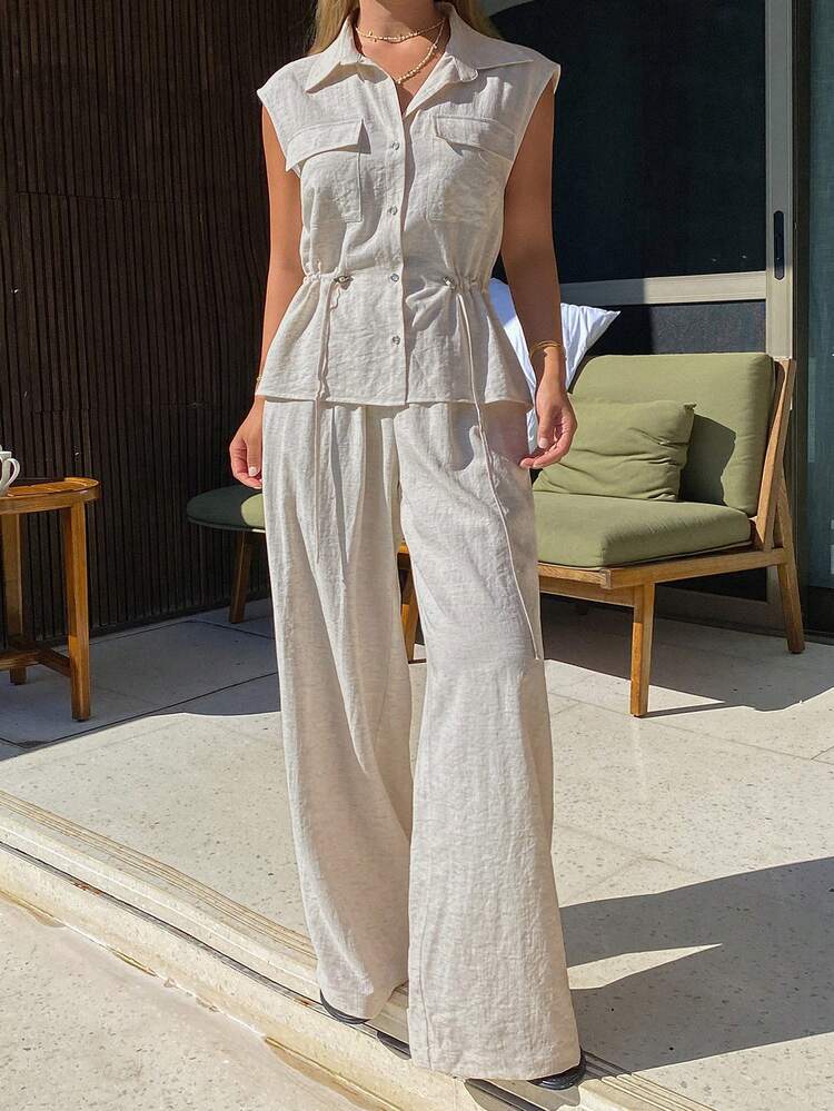 Women's Casual Loose Collar Sleeveless Pocket Drawstring Shirt And Wide Leg Pants 2 Pieces Set, Spring/Summer