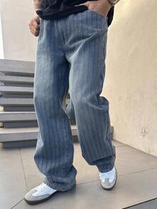 DAZY Quần jeans nam cạp chun màu xanh dương trơn, chất liệu vải sọc, kiểu dáng mùa xuân. - Màu xanh lam - Xem 6