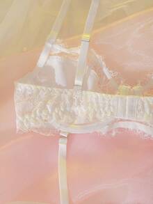 DelicateAllure 2pcs Women Lace Eyelash Patchwork Satin Ribbon Heart Contrast Color Set Wedding Lingerie For Bride White Lace Lingerie Lingerie For Women Adult - White - View 14