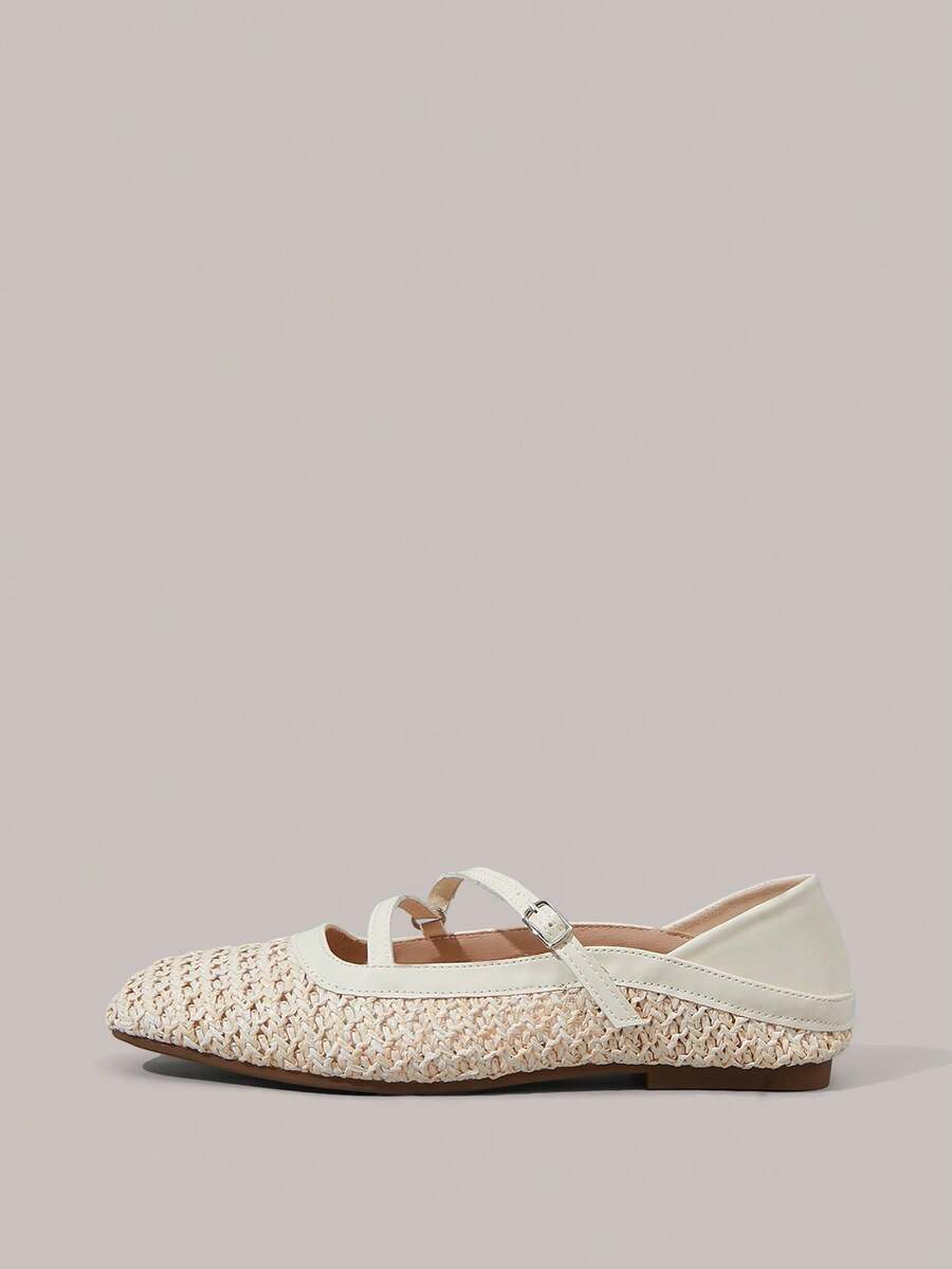 Styleloop Women Shoes Holiday Style Woven Shoes Noodle Belt Women's Flat Shoes Holiday Style Wear BOHO Wear American Retro Style Bohemian Style Western Style Music Festival Wear Party Wear Flat Women's Shoes - Apricot - View 1