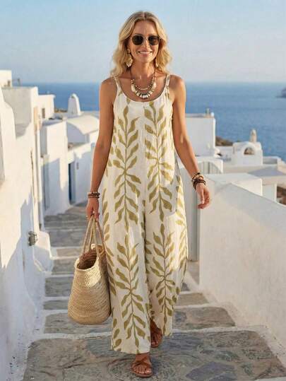EMERY ROSE Women's Plant Print Round Neck Sleeveless Casual Loose Jumpsuit