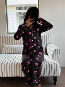 Women's New Bow Print Casual Long Sleeve Pajama Set - Black - View 6