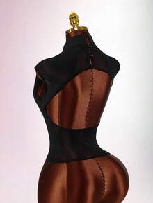 Amplova 女士薄纱花卉上衣，性感露背设计，立领，性感撩人 - 黑色 - 查看 11