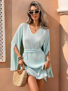 Selianne Women's Elegant Pleated V-Neck Cinched Waist Waist Split Hem Short Dress, Spring/Summer - Blue - View 4