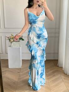 Celisse Robe élégante à volants avec imprimé floral pour femmes - Bleu azur - Voir 3